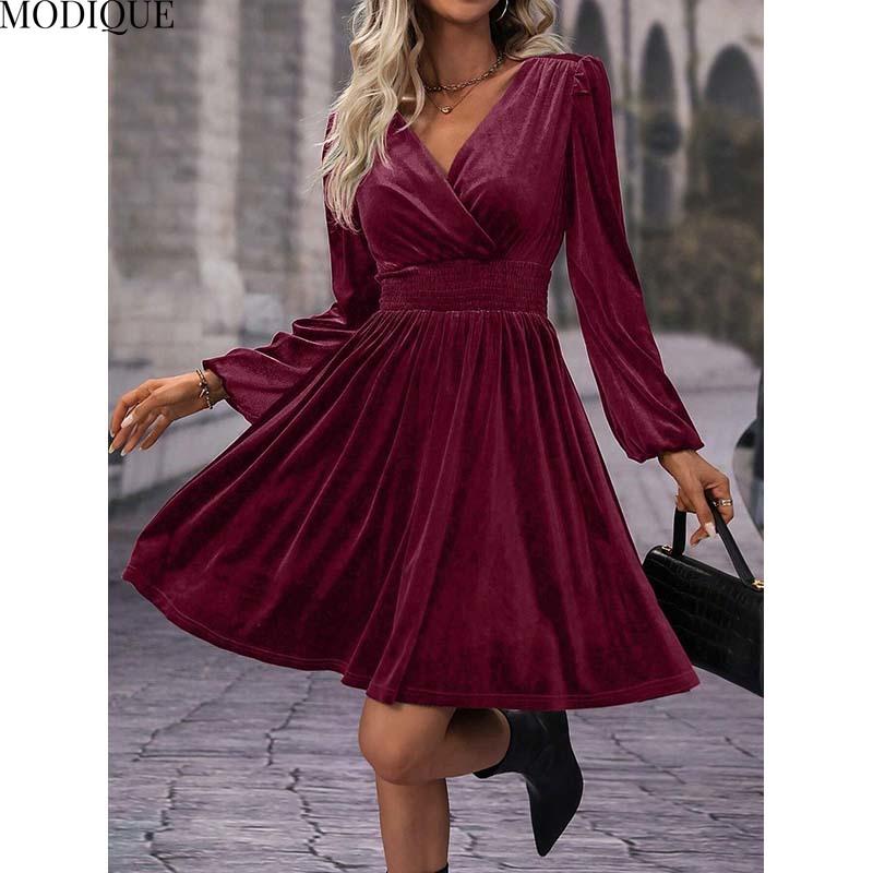 MODIQUE 2025 Spring New Women's Elegant Corduroy Solid Color Lantern Sleeves Elastic Waist Pleated Short Dress Ladies Casual A-Line V-Neck Dress