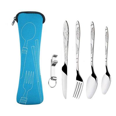 Stainless Steel Portable Cutlery Set - 5-Piece Travel Set with Knife, Fork, Spoon, and Small Spoon for Camping & Outdoor Use