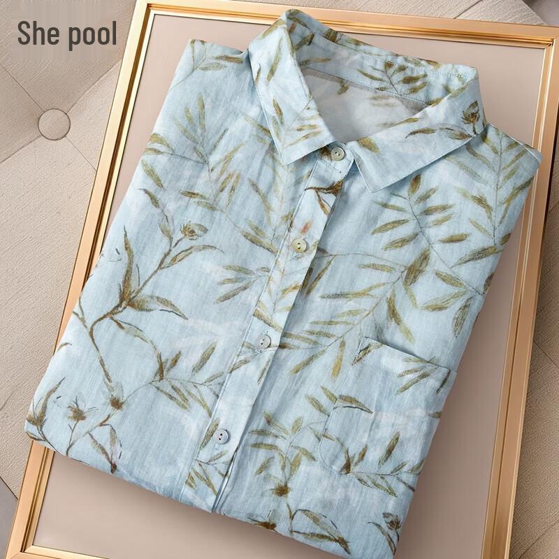 Women s Linen Forest Print Lapel Long-Sleeve Shirt S