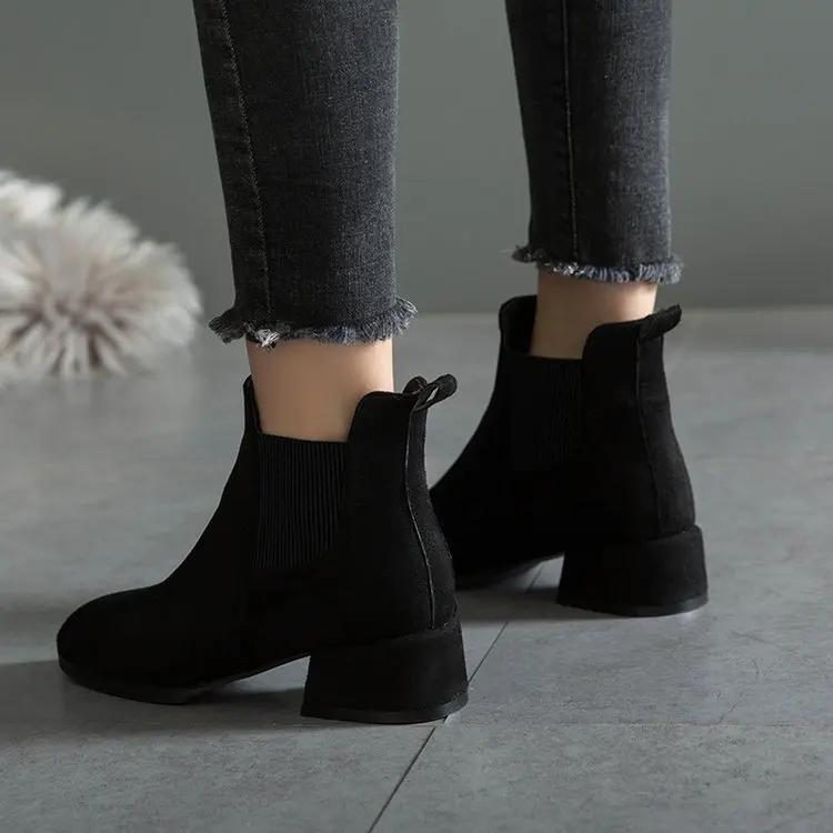 New Fashion Autumn Winter Women Shoes Retro High Heel Ankle Boots Female Block Mid Heels Casual Ladies Shoes Plus Size