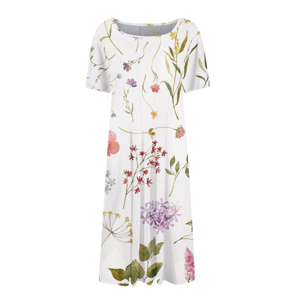 Women's Casual Fashion Round Neck Short Sleeve Floral Print Midi Dress