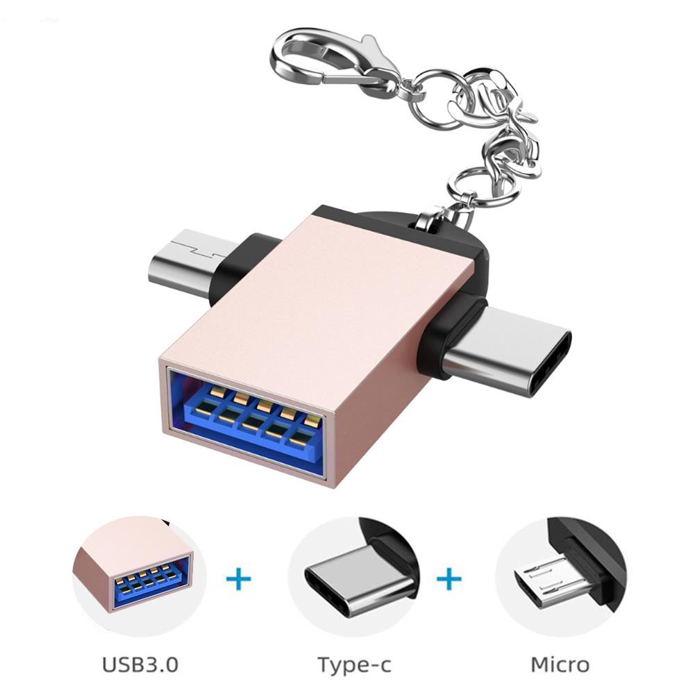 2PCS Aluminium Alloy Shell 2 In 1 OTG Converter USB 3.0 to Micro USB Type C Adapter with Chain for
