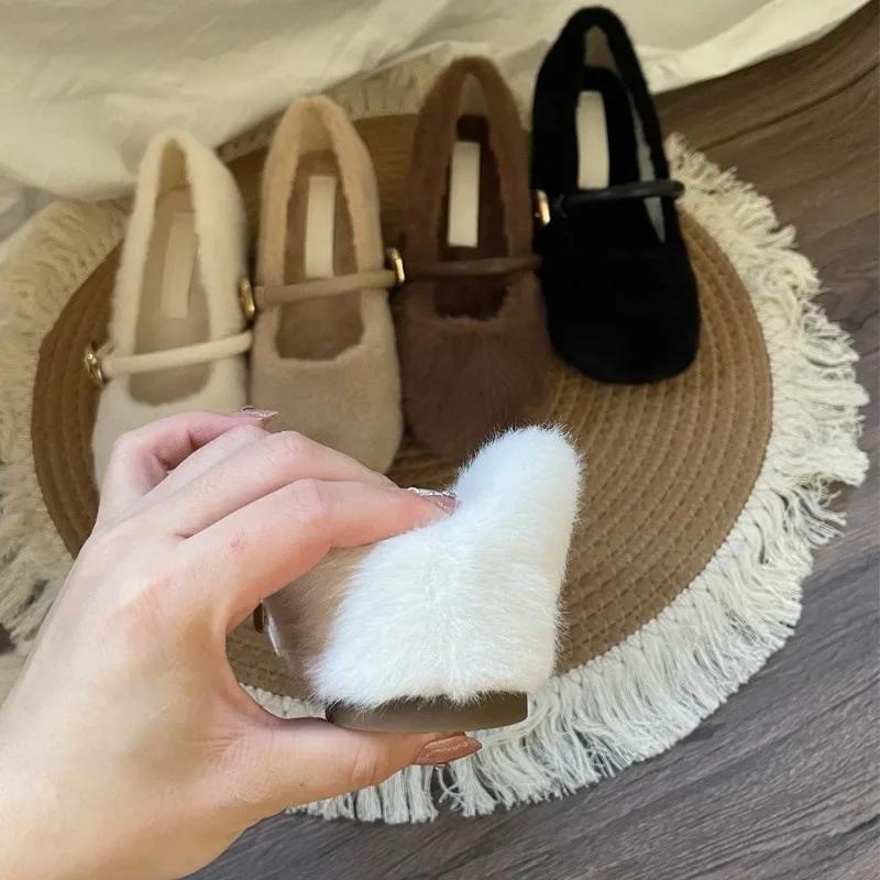 Women's Fashion Flat Cotton Shoes Autumn Winter New Pointed Soft Sole Anti-slip Single Shoes Luxury Plush Flat Mary Jane Shoes