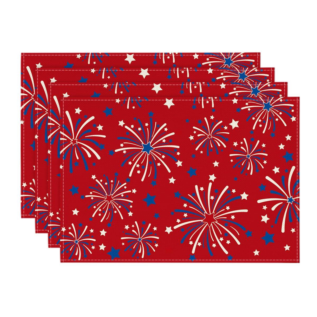 

Stars Fireworks Patriotic 4th of July Placemats Set of 4, 12x18 Inch Memorial Day Table Mats for Party Kitchen Dining Decoration 12 x 18 , Rectangular 4 Pcs