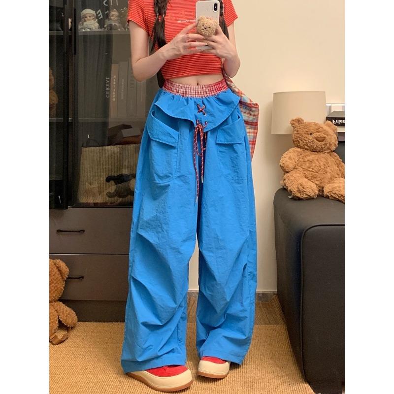 

Хип-хоп хип-хоп сращивание контрастного цвета дофаминовые быстросохнущие брюки свободные рабочие широкие брюки для пола пара повседневные брюки 2XL синий