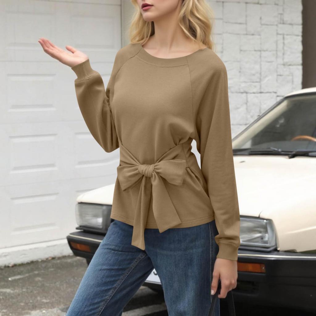 Women's Casual Fashion Strappy Belly-covering Slimming Round Neck Pullover Long-sleeved Top