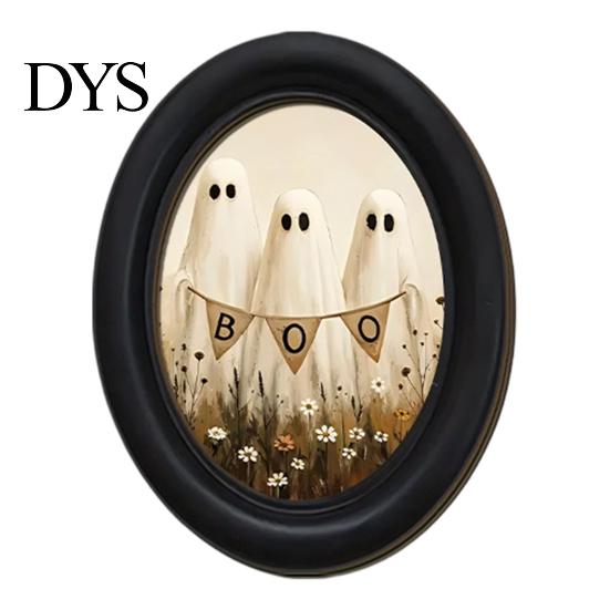 Oval Wood Picture Frame Halloween Gothic Wooden Hanging Plaque, Vintage Black Cat Ghost Wall Sweet Cool Sign Sign, Retro Waterproof Decorative Art for