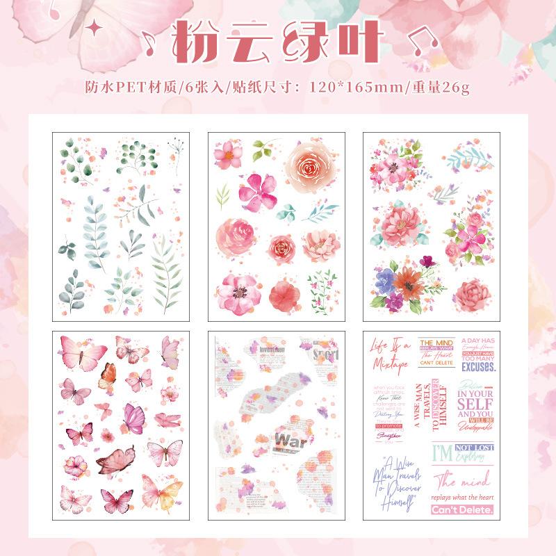 6 - Piece Butterfly & Flower PET Sticker Pack, for Hand - Account and Scrapbook Decoration