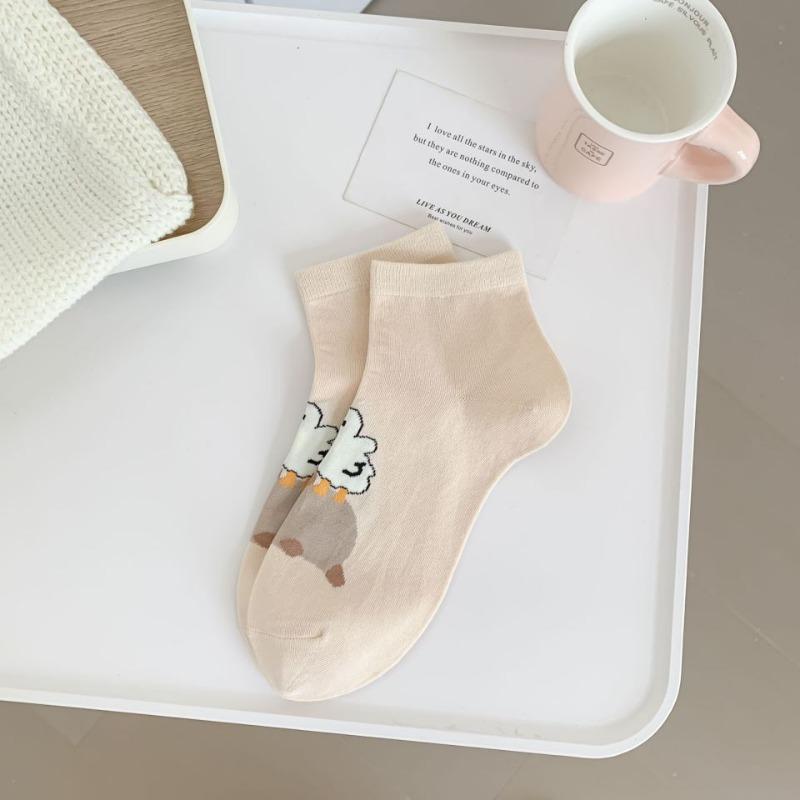 Ladies Spring and Summer Thin Style All with Bear Cartoon Cute Student Low Top Short Boat Socks