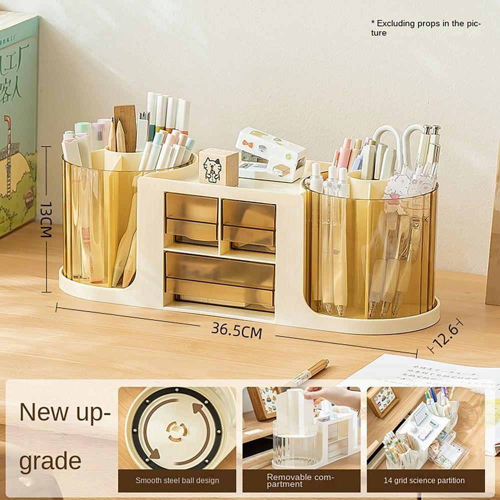 Double Rotation Drawer Pen Holder Desk Stationery Storage Pencil Container Students