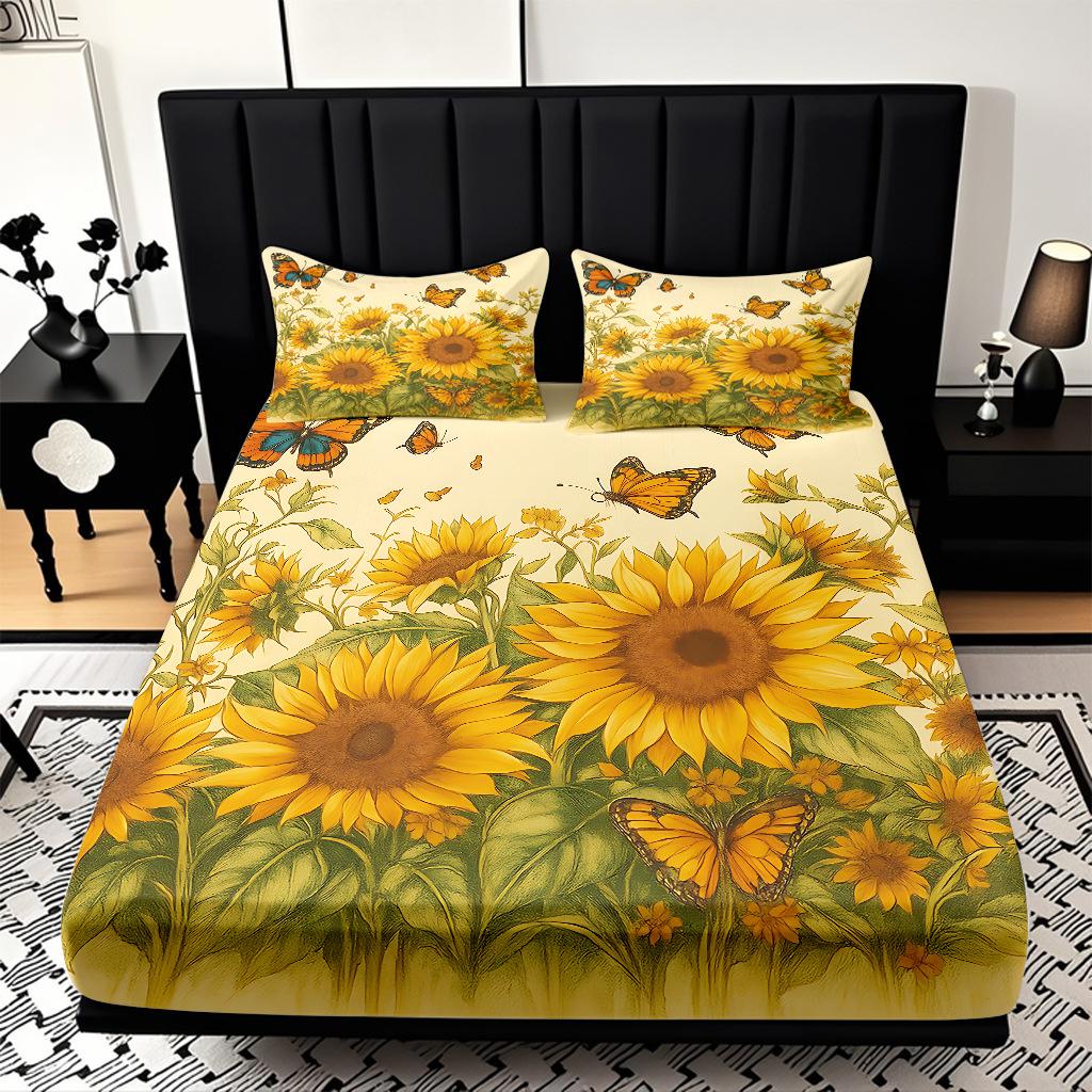 Home Textiles Sunflower Pattern 3D Digital Printing Sanded Sheet Three-Piece Set, Pattern