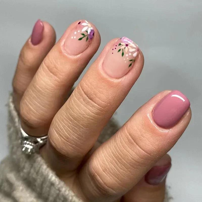 24Pcs Simple Square False Nails Short French Fake Nails Press On Colorful Flowers Design Full Cover Nail Tips Manicure Tools