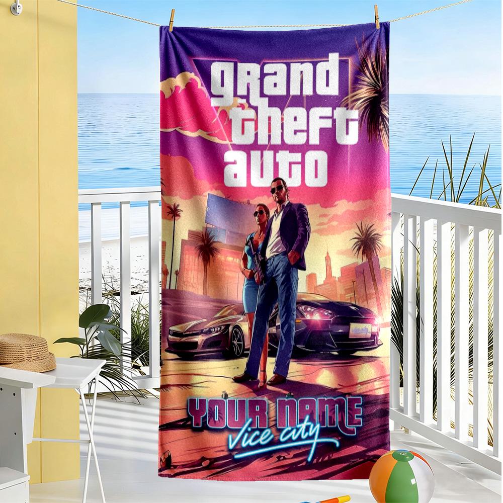 Grand Theft Auto Customizable Name Beach Towel Soft Durable Quick-Dry Suitable for Swimming Gym Camping Yoga Vacation