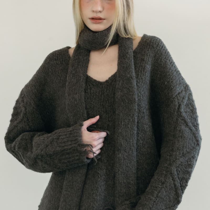 MOIFAIRE Wool  KNIT MUFFLER / CHARCOAL