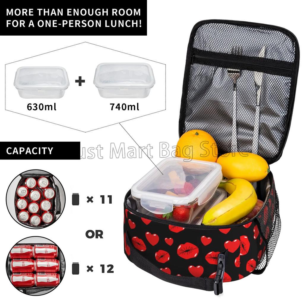 Red Lips Love Kiss Print Insulated Lunch Bag for Women Reusable Waterproof Thermal Bento Tote Bags for Work Travel Beach Picnic