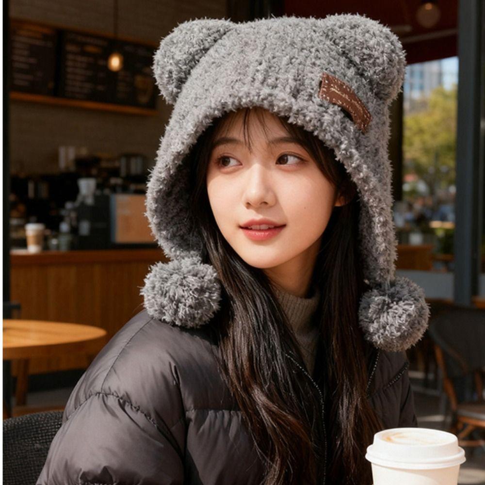 Bear Ears Knitted Cap Wool Balaclava Hat Leisure Little Bear Ears Hat  Streetwear