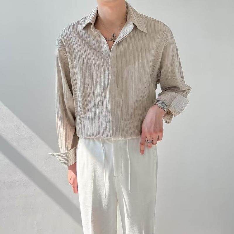 Textured Top, Korean Style Loose Casual Long-Sleeved Shirt, Men's Trendy and Handsome Striped No-Iron Shirt for Autumn