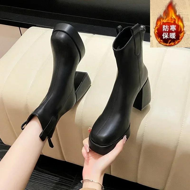 Fashion High Heels Women Ankle Boots Square Toe Fashion Leather Shoes Winter 2024 Trend Designer Goth Chunky Luxury Snow Botas Mujer