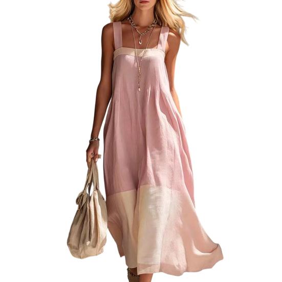 Huaqianguhh Summer Sleeveless Maxi Dress for Women, Color Block Square Neck A-line Long Dress, Casual Flowy Beach Vacation Sundress