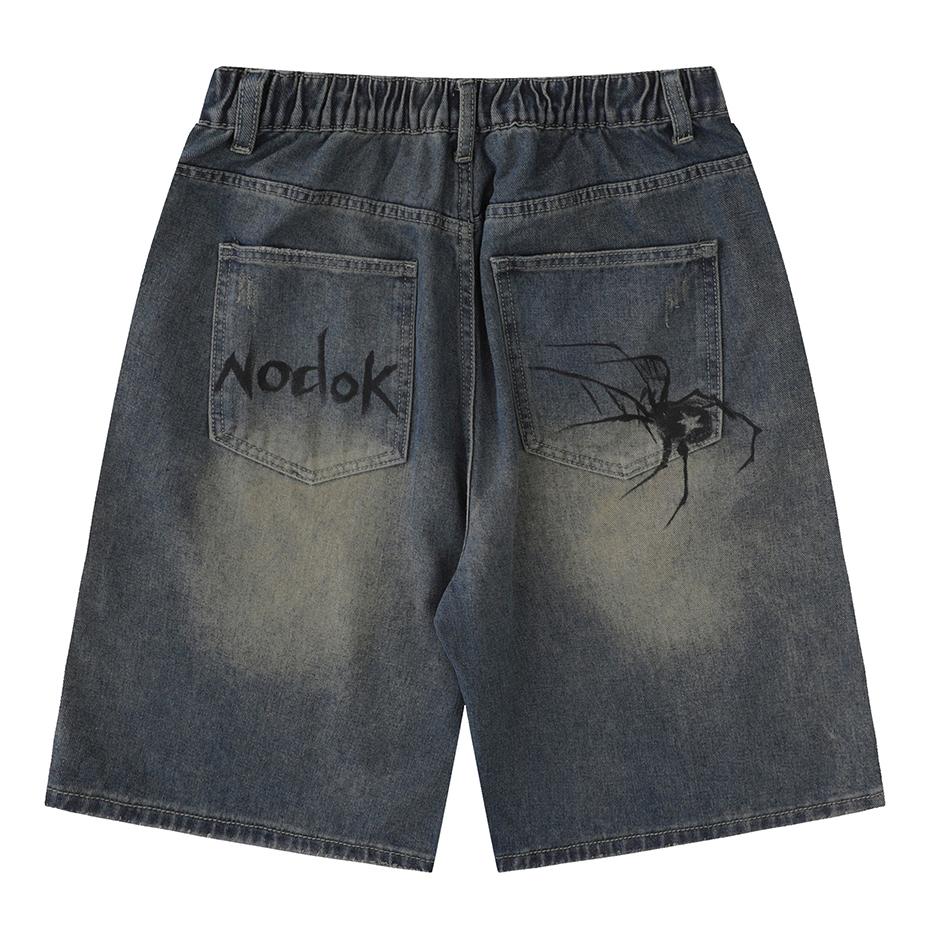 Shorts in Denim Blu Y2K Stampati con Ragnatela Estivi Larghi Casual Jeans Shorts Moda Harajuku Hip Hop Streetwear Shorts per Uomo