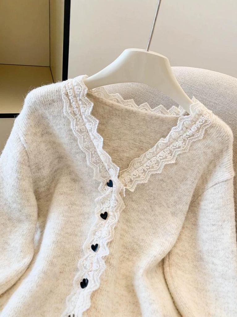 Women's Soft & Fluffy French Lace V-neck Knit Cardigan - Autumn/Winter 2026