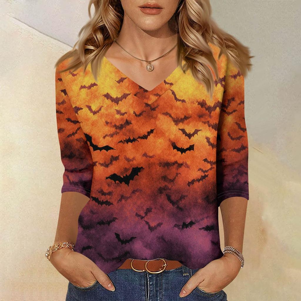 Damenoberteile Dreiviertelarmhemd V-Ausschnitt Lockeres Freizeitshirt Druck T-Shirt