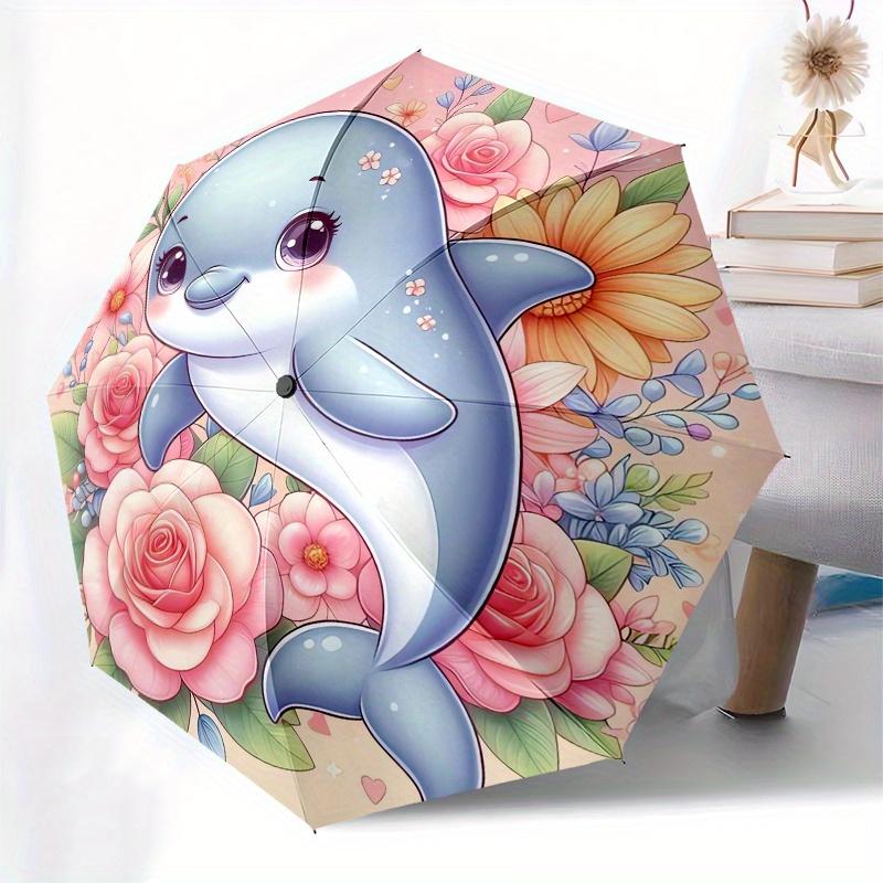 Dolphin,Flowers Automatic Folding Umbrella  Simple 8 Rib Design, Bright Cartoon Pattern, Durable Iron Frame, Suitable For Travel, Outdoor, B