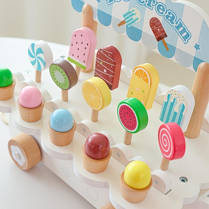 Wooden Pretend Play Ice Cream Truck, Dessert Shop Role Playing Toy Photography Props, Game Room Decorations,8 Ice Cream Stands and 4 Accessories,