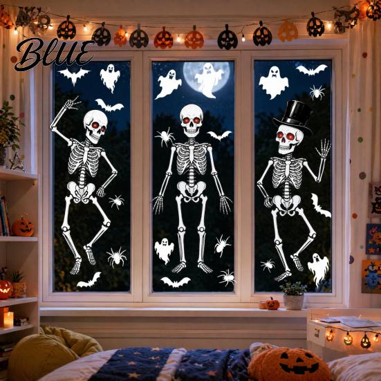 No Residue Window Cling 3Pcs Halloween Skeleton Glass Stickers Waterproof PVC Clings Static Decals Safe Non-toxic Ink Sticker Removable Stickers