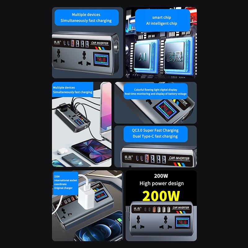 Car Inverter Power Adapter 12V/24V To DC220V 200W Converter Multi Charger Socket QC3.0 USB PD Type-C Fast Charging Car Inverter