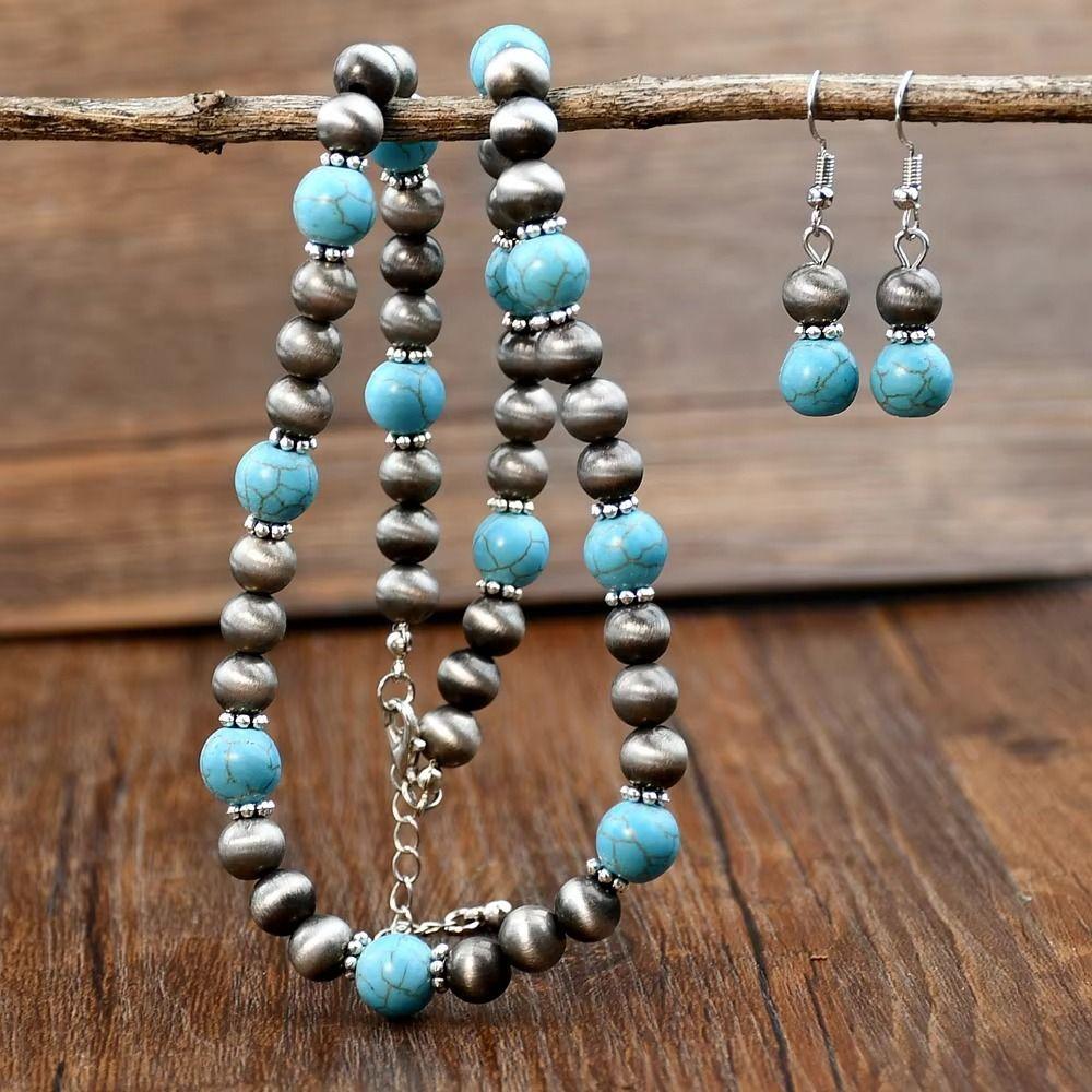 2PCS Turquoise Navajo Necklaces Bead Bohemian Style Earrings Classic Beach Chokers  Gift