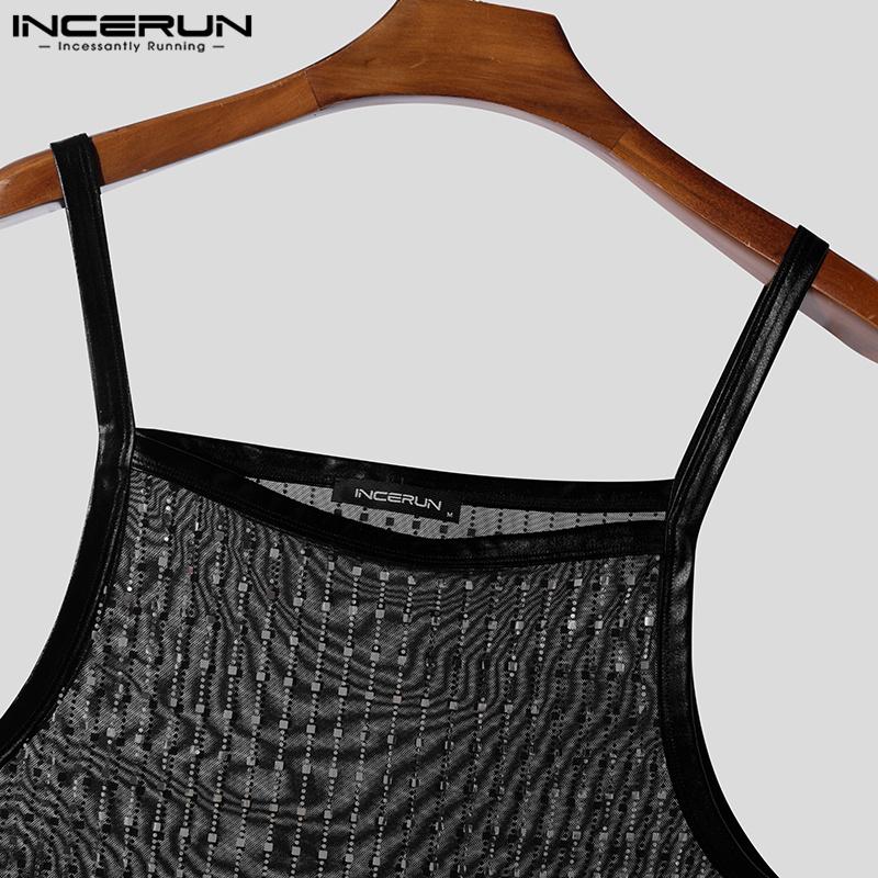 INCERUN Men Strap See Through Tank Tops Sleeveless Party Mesh Glitter T-shirts