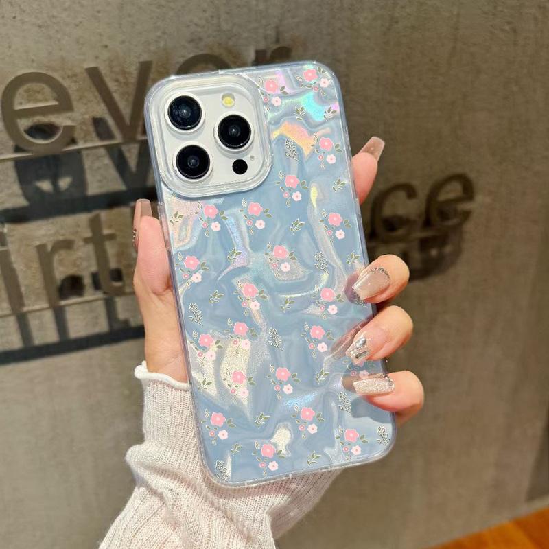 Luxury Floral Print Glitter Slim Case For iPhone 16 15 Pro Max 14 Pro 13 12 11 Glossy Shockproof Hybrid TPU PC Clear Phone Cover