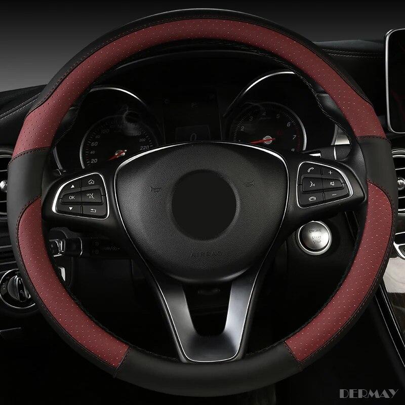 DERMAY  New Car Steering Wheel Cover PU Leather M Size Fit Standard Steering Wheel 37-38cm(14-15") Non-slip & Easy Install