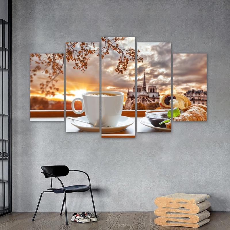 5 Panels Coffee Posters Wall Art Modern Home Decor Sunrise Canvas Prints Food Painting Tree Pictures Dining Room Restaurant