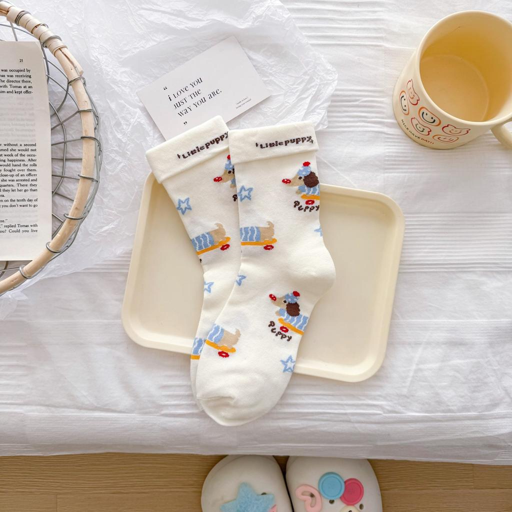 Cute Dachshund Puppy Socks Girls Season Preppy Illustration Cartoon Stripes Preppy Summer Stockings