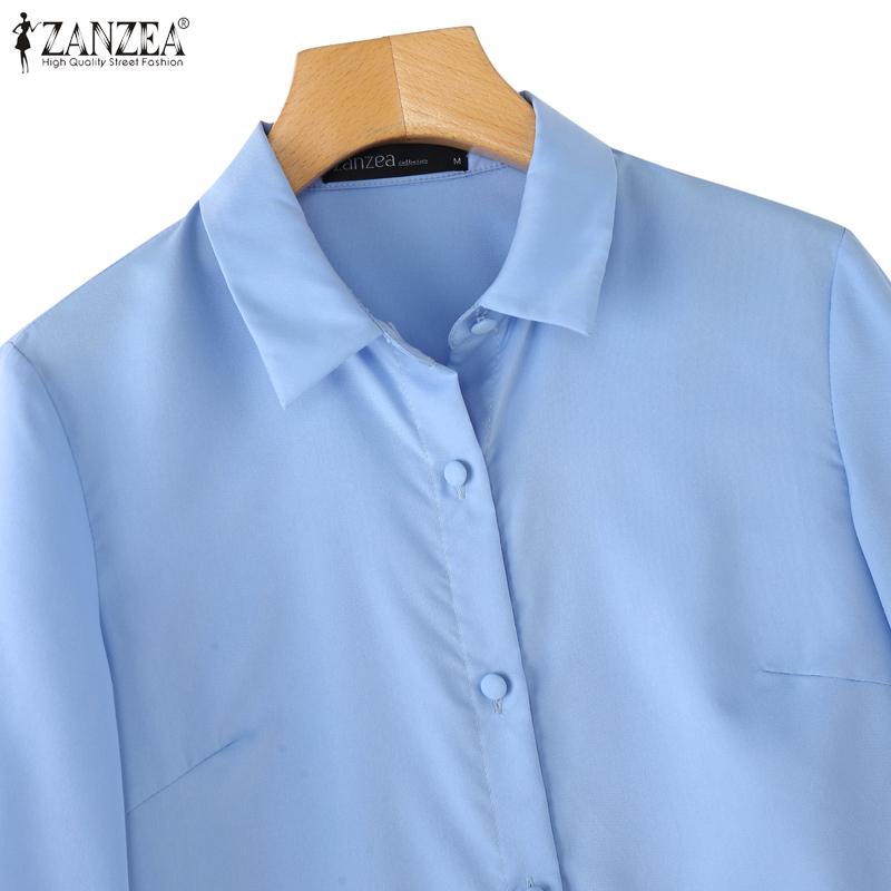 ZANZEA Women Casual Turn Down Collar Solid Color Loose 3/4 Sleeve Blouse