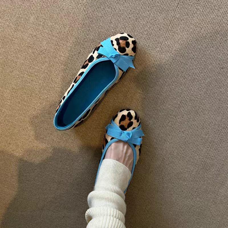 

Версия из овчины~ Туфли бабушки из конского волоса с леопардовым принтом, новые женские туфли с круглым носком и французским бантом на плоской подошве, маленькие одинарные туфли 40