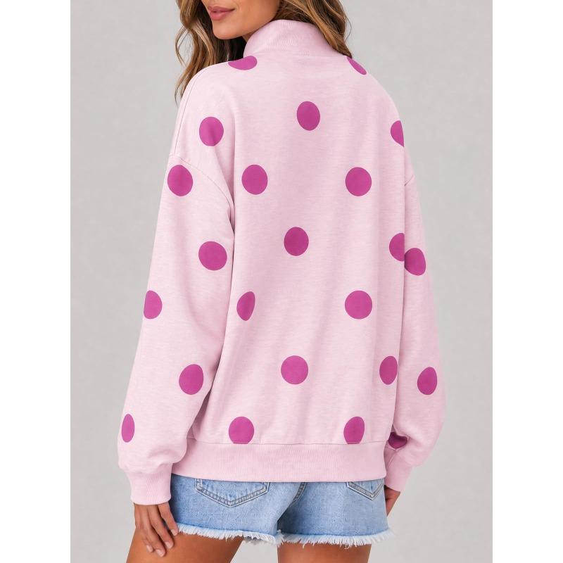 Women S Loose Half High Neck Long Sleeve Polka Dot Pullover Sweatshirt