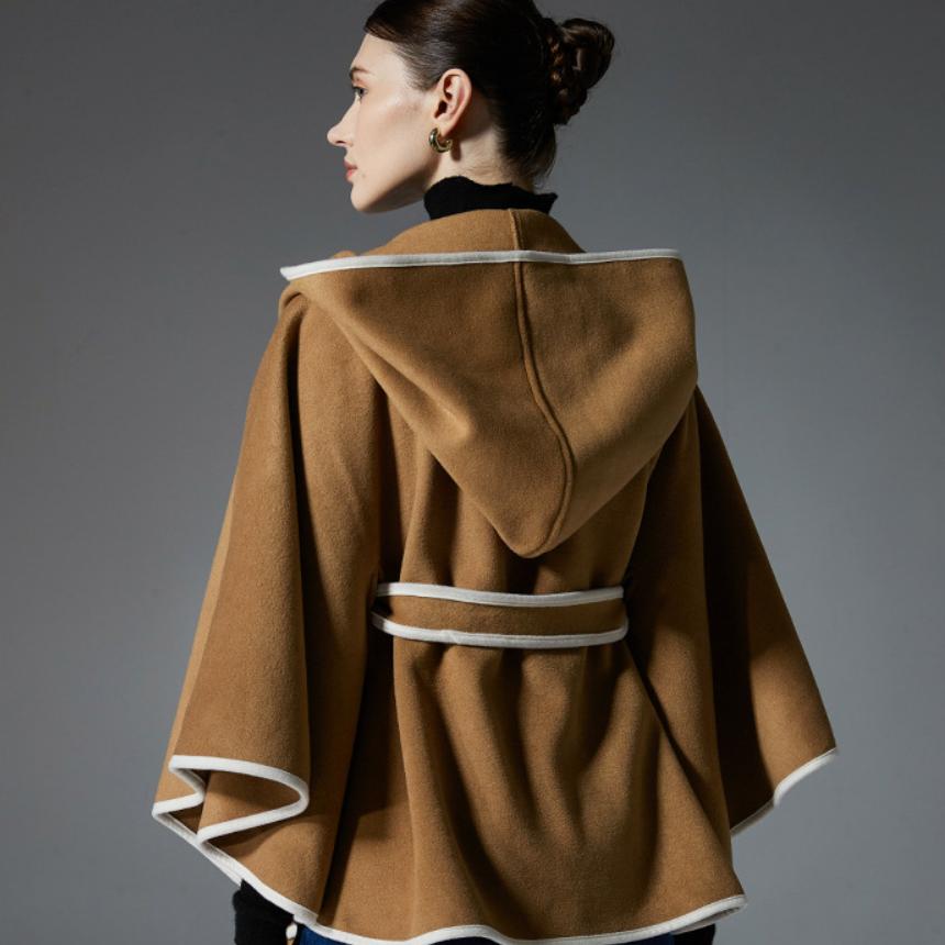 Damen Doppelseitiger Wollähnlicher Kapuzen-Cape-Schal, Poncho-Wickelmantel mit Schleifenband, 143×123cm Dicke Warme Oberbekleidung für Herbst Winter