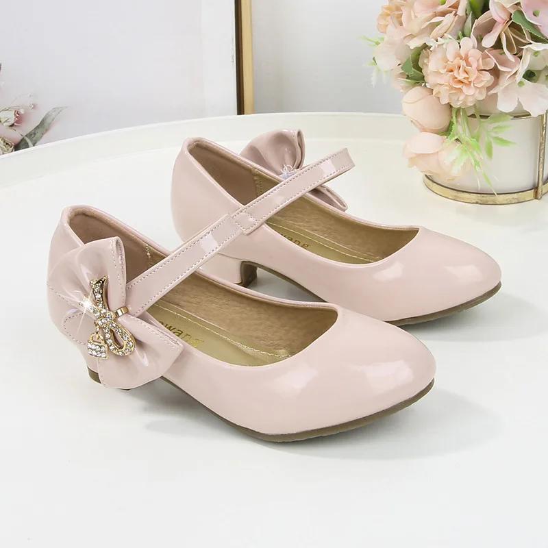 Girl's High Heel Shoes Black White Versatile Kids Fashion Princess Leather Shoes Elegant Bowknot Causal Children's Dress Shoes