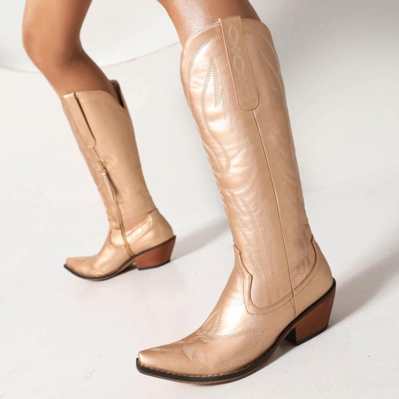 Fashion Knee High Boots Women Winter Western Cowboy Cowgirls Boot Female Black Silver Low Heels Riding Shoes Ladies Comfortable