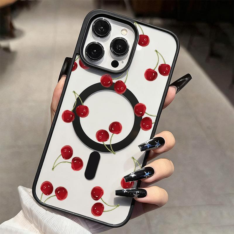 Red Cherry Pattern Magnetic Phone Case For iPhone 11 12 13 14 15 16 16e 17e 17 ProMax Plus Air For Magsafe Wireless Charge Cover