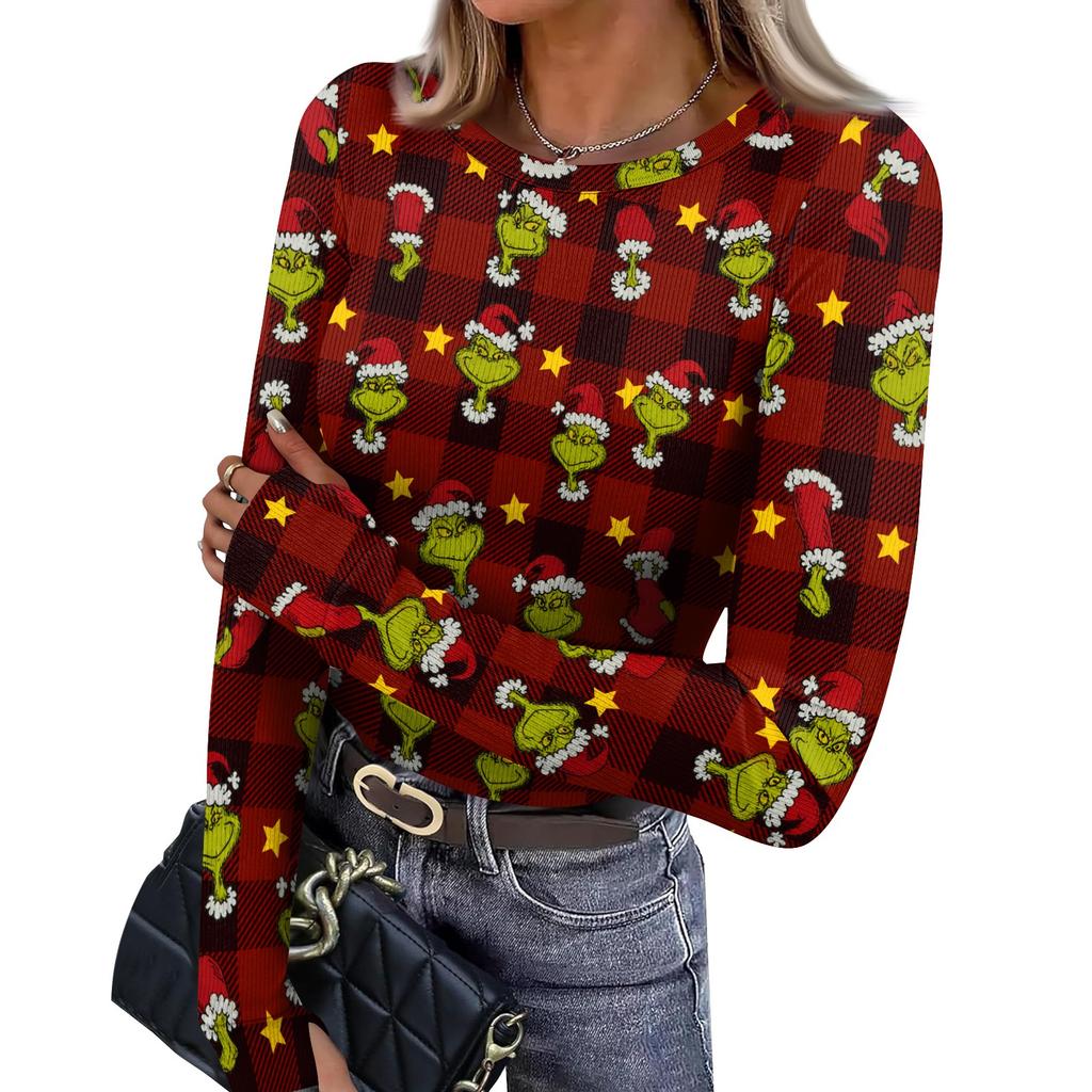 Women's Slim Fit Base Layer Long Sleeve Crewneck Pullover T-Shirt with Thumb Holes, Christmas Graphic Print Top