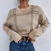Retro Lazy Autumn Winter Round-neck Sweater Casual All-matching Plaid Stripe Knitted European American