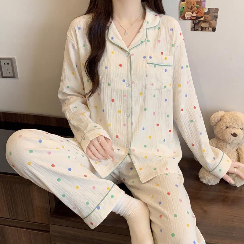 Color polka dot pajamas women's long-sleeved trousers spring and autumn cloud cotton suit casual cardigan simple loungewear