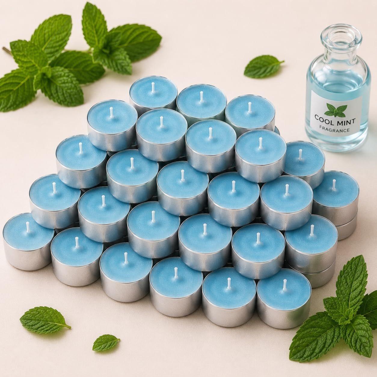 Pack of 50, Premium Scented Colored Tealights | Cool Mint Fragrance