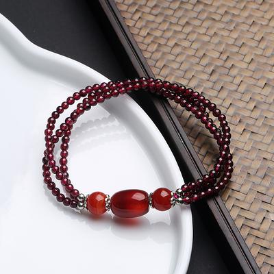 Red Agate Bucket Bead Náramok s tromi krúžkami Náramok s jednoduchou osobnosťou Prírodný granátový náramok tri v jednom