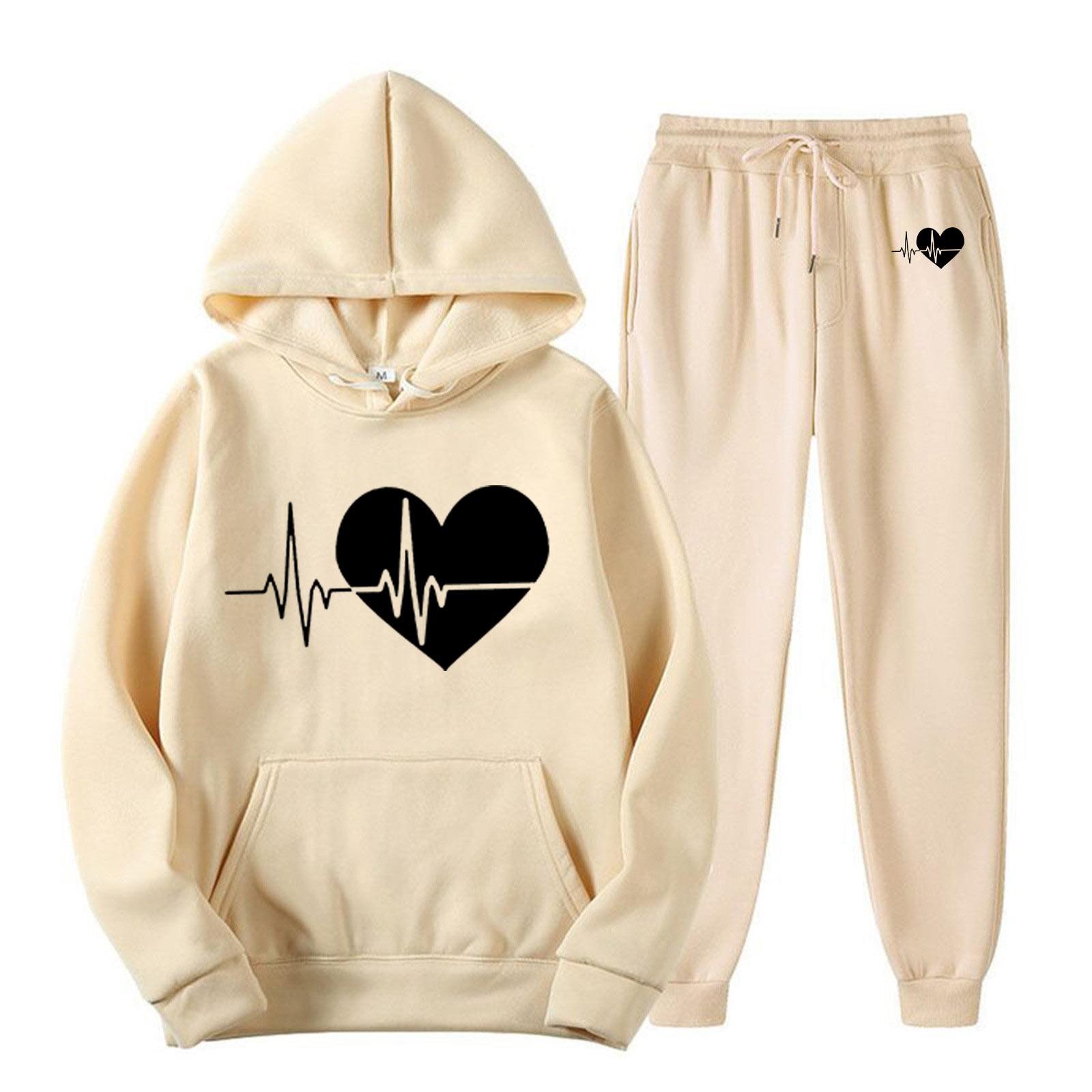 

Женский повседневный свободный пуловер с длинными рукавами, толстовка с капюшоном на шнурке и принтом «День святого Валентина», из двух частей L бежевый