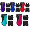 Girls 3 Piece Dance Set Rhinestone Leotard Contrast Color Plus Cross Back Bra Top Keyhole Back Design with Shorts